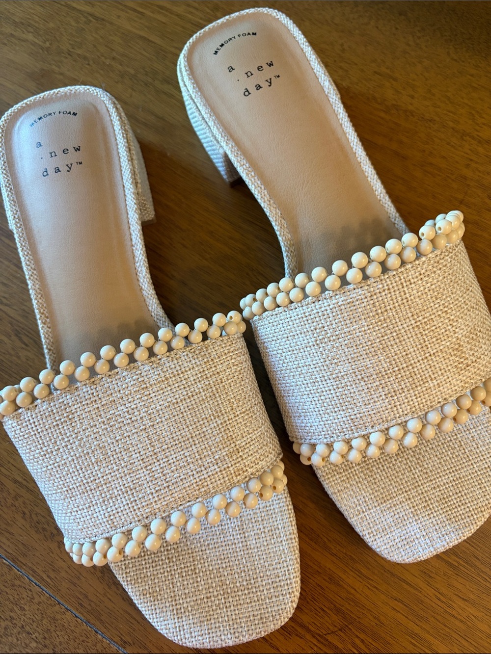 NWOT a new day Cream Beaded Raffia Slide Heels